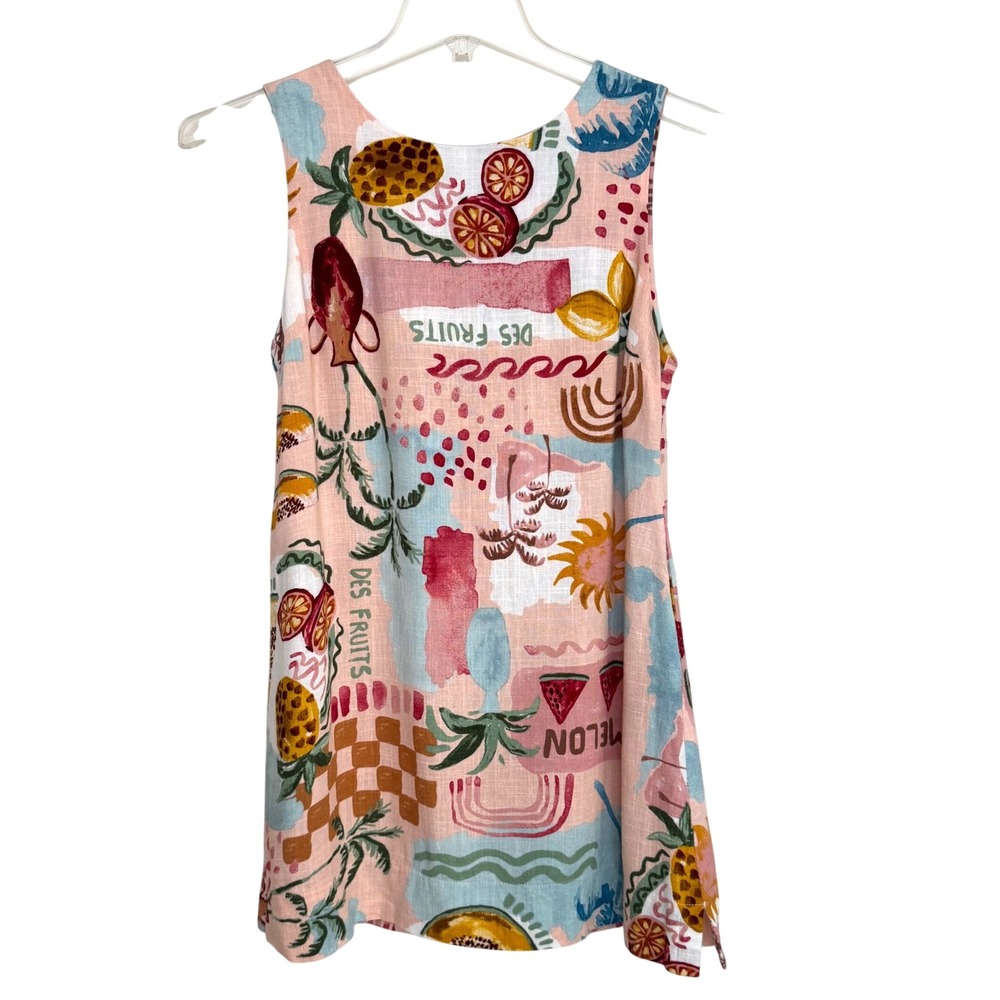 Paper Heart Fruit Print Mini Dress Women XS Linen Blend Shift Mini Boho Tropical